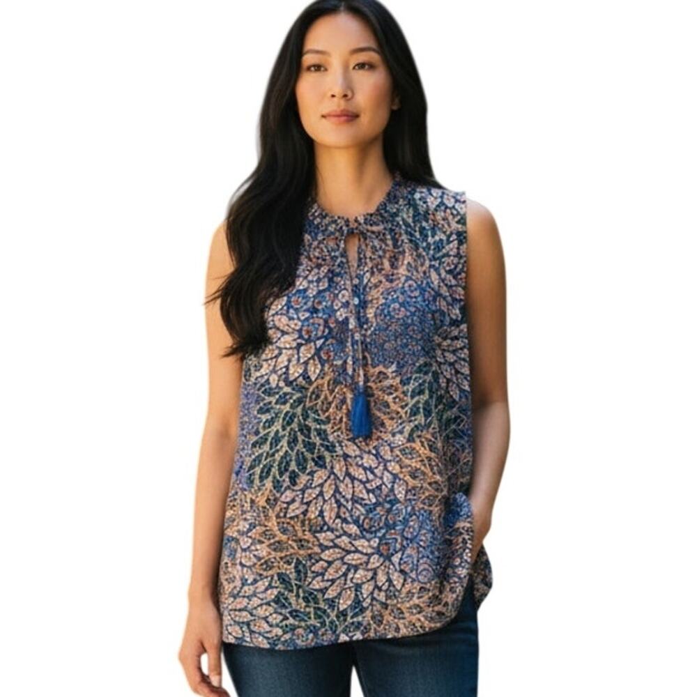 Daniel Rainn Tasseled Tank Womens Medium Blue Multicolor Leafy Print Shell Top